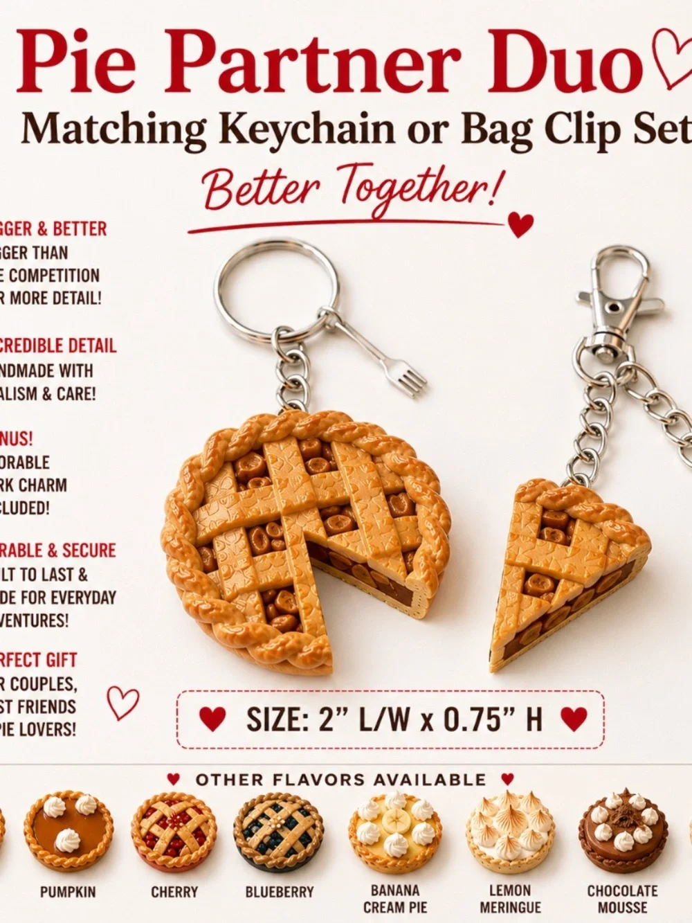 Pie Partner Duo Keychain Or Bag Clip Set | Handmade Matching Dessert Accessories